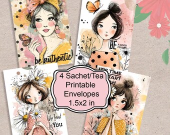 Floral Girls Mini Envelope Set: Printable Tea Sachet Favors (PDF Download)
