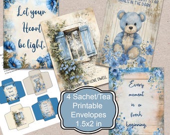 Shabby Chic Mini Envelopes: Blue Floral & Bear Designs (PDF Printable)