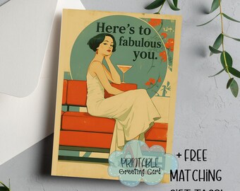 Glam Art Deco Printable Card: Vintage Lady Illustration with Tags (PDF)