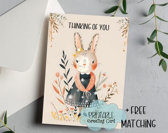 Whimsical Rabbit Thinking of You Card + Gift Tags (Digital Download)