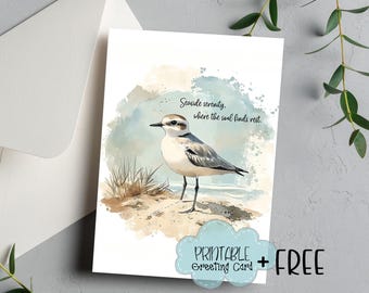 Watercolor Beach Bird Card: Seaside Serenity Quote (Digital Download)