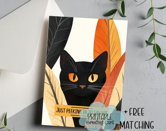 Black Cat Greeting Card: Whimsical Peeking Cat with Gift Tags (Digital Download)