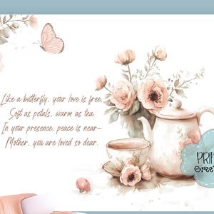 Tasse à thé vintage florale carte de fête des mères avec poème, carte de voeux imprimable avec étiquettes-cadeaux assorties, téléchargement immédiat PDF