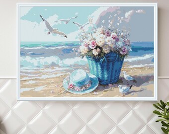 Coastal Beach Scene Cross Stitch Pattern: Seaside Flowers, Hat, Gulls (PDF)