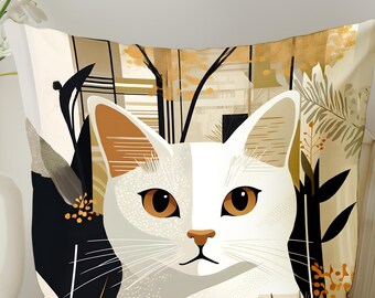 White Cat Throw Pillow Cover 18x18 Modern Botanical Cat Home Decor Cushion