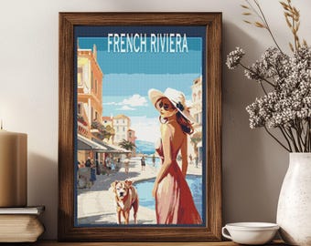 French Riviera Cross Stitch Pattern: Elegant Lady & Dog (PDF Pattern)