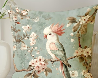 Floral Bird Pillow Cover 18x18 Decorative Throw Pillow Cottage Garden Home Decor
