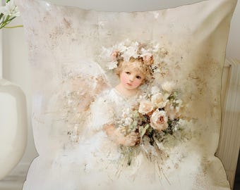 Angel Throw Pillow Cover 18x18 Vintage Floral Cottage Decor Pillow