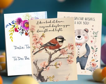 Inspirational Greeting Cards Set: Bird, Floral, Bear Designs (PDF)
