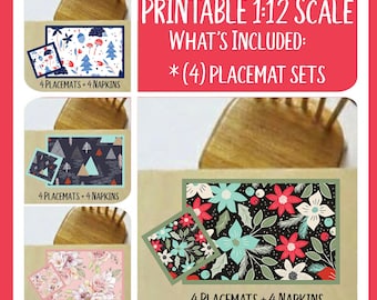 Dollhouse Placemats and Napkins, 1:12 Scale, Floral Christmas Decor (PDF DIY)