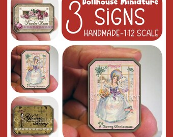 Dollhouse Miniature Wall Art Set of 3: Victorian Christmas & Powder Room Signs