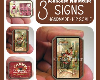 Dollhouse Miniature Wall Art Set of 3: Vintage Dog Food, Singer Sewing, Parisian Signs