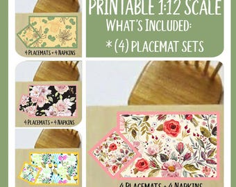 Dollhouse Placemats & Napkins Set, 1:12 Scale Floral Table Decor (PDF)