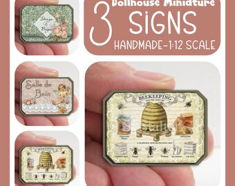 Dollhouse Miniature Wall Art Set: of 3 French & Italian Bathroom Signs, Beekeeping Decor