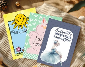Printable Greeting Card Set: Ballerina, Easter Bunny, Sun Designs (Digital Download)
