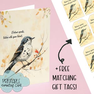 Afdrukbare vogelwenskaart | Inspirerend citaat 'de natuur spreekt' | Rustige aquarelkunst + GRATIS cadeaukaartjes | Direct downloaden