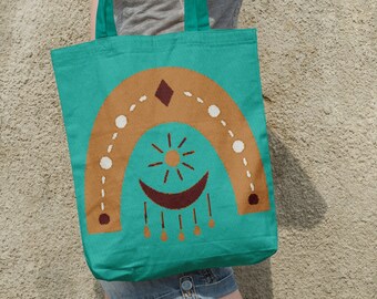 Boho Rainbow | Sun and Moon | Printable Cross Stitch Pattern Pillow Top or Tote Bag Front 22-04