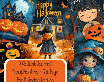 Halloween Pumpkin Witch Typography Cards Scrapbook Junk Journal Gift Tag Crafts
