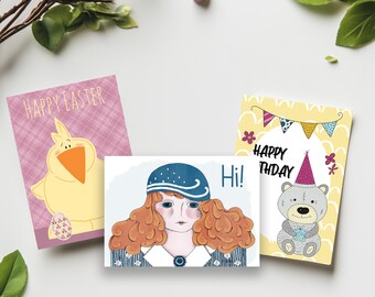 Printable Greeting Cards: Birthday, Easter, Hello Messages (PDF)