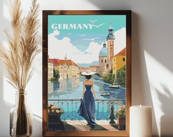 Germany Travel Poster Cross Stitch Pattern: Elegant Lady River Scene (PDF)