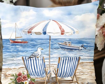 Coastal Beach Chairs Throw Pillow Cover 18x18 Seaside Ocean Decor