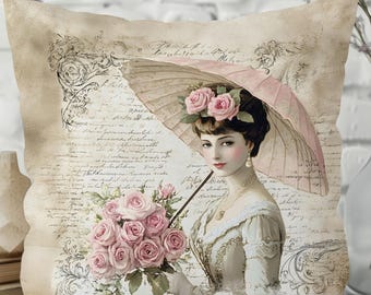 Vintage Lady Pillow Cover Romantic Floral Cottage Decor
