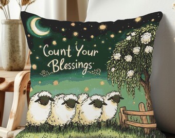 Count Your Blessings Cross Stitch Pattern: Sheep, Tree, Moon Folk Art (PDF Pattern)