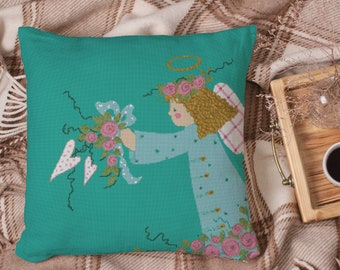 Angels for You | Roses and Hearts | Printable Cross Stitch Pattern Pillow Top or Tote Bag Front