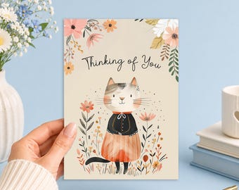 Thinking of You Cat Card | Floral Encouragement (Digital Download) Junk Journal, Ephemera, Scrapbook, Collage, Card Making