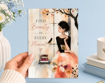 Find Beauty in Every Moment Inspirational Girl Bird Floral 5x7 Printable Digital Download Junk Journal, Ephemera, Scrapbook, Collage, Card