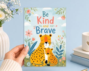 Be Kind and Brave Cheetah Mom and Cub 5x7 Printable Junk Journal, Ephemera, Scrapbook, Collage, Card Making,