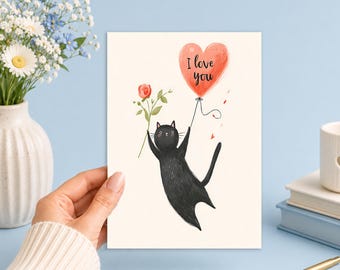 Love You Heart Balloon Black Cat Printable 5x7 Digital Download Gift Decor Keepsake Junk Journal, Ephemera, Scrapbook, Collage, Card Making,
