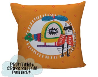 Kids Super Cat Hero with Helicopter Printable Cross Stitch Pattern  Kids Room