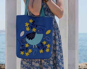 Cute Blue Bird and Yellow Flowers Printable Cross Stitch Pattern Pillow Top or Tote Bag Front 22-10