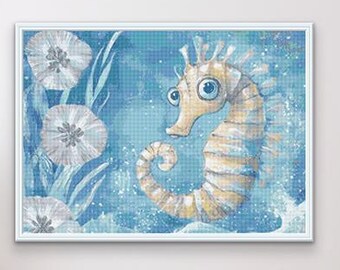 Whimsical Seahorse Cross Stitch Pattern, Ocean Nursery Decor (PDF)