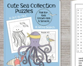 Cute Sea Collection Puzzles - Printable Games for Kids - 44 Page Puzzle and Coloring Book