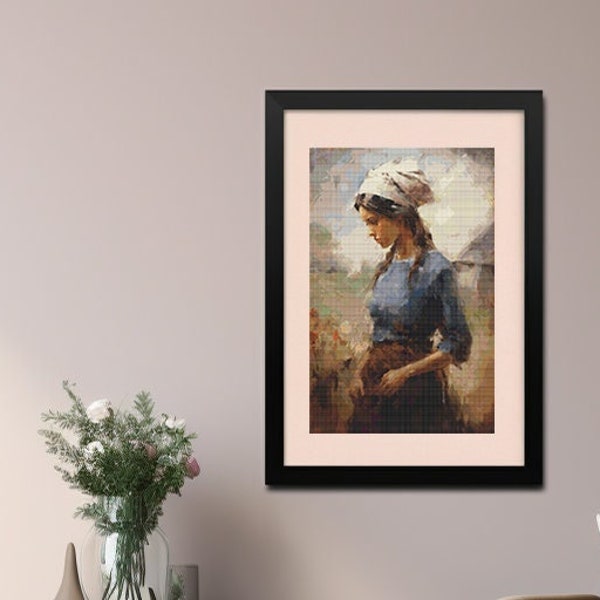 Printable Cross Stitch Pattern: Beautiful Young Peasant in Blue Blouse and Brown Skirt 01hbarr