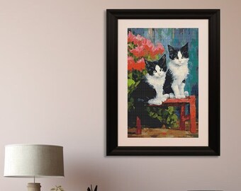 Black and White Kittens Cross Stitch Pattern with Red Flowers and Blue Wall 01mr Wall Poster
