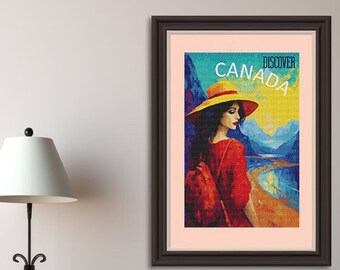 Discover Canada: Printable Cross Stitch Pattern of a Red-Clad Woman with Straw Hat