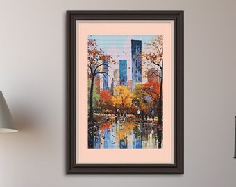 Autumn's Embrace Travel Poster: Central Park, New York City Cross Stitch Pattern 02cpnyc Cityscape Skyline Skyscraper
