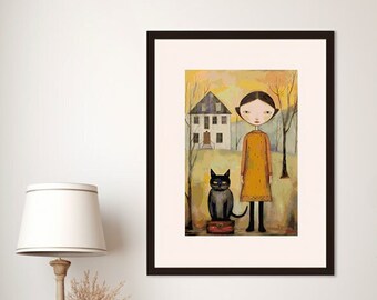 Charming Primitive Cross Stitch Pattern: Little Girl in a Golden Dress and Her Grey Cat 164DATk