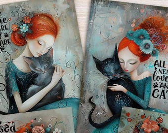 Mini Cat Lover Art Card Set: Whimsical Cat Illustrations, Quotes (2.25 x 3.25 inches)