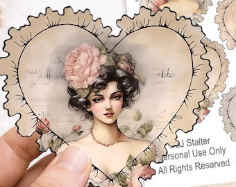 Vintage Rose Ladies Ruffled Heart Printable 3.5 Inch Junk Journal Ephemera