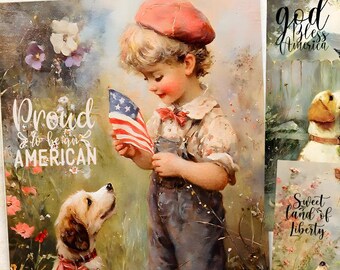 Patriotic Boys Art Cards Printable Set Vintage Americana Nursery Journal Scrapbook Decor
