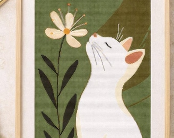 White Cat and Flower Cross Stitch Pattern, Minimalist Floral (PDF)