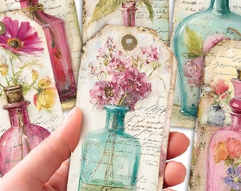 Romantic Floral Bottle Ephemera Tags Vintage Pink Glass Junk Journal Printable Set of 6