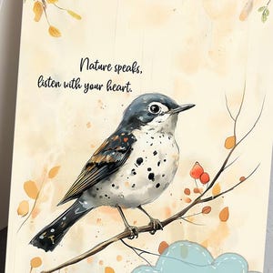 Biglietto d'auguri stampabile con uccellino / Citazione ispiratrice "La natura parla" / Arte ad acquerello tranquilla + Etichette regalo GRATUITE / Download immediato