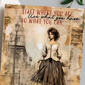 Biglietto d'auguri stampabile ispiratore con donna vintage e citazione: "Inizia da dove sei" - Include etichette regalo bonus / Download immediato