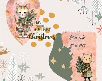 Cozy Christmas Cat Clipart Set, Holiday PNG Illustrations for Greeting Cards Junk Journals Scrapbooking