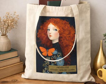 Redhead Girl Butterfly Art Tote Bag Cotton Canvas Inspirational Quote